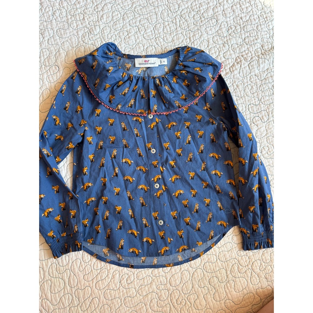 Vineyard Vines Girls Blue Fox Print Ruffle Collar Button Down Blouse Size 6 NWOT